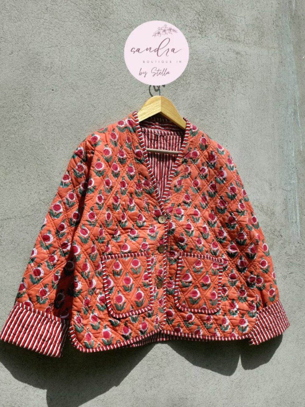 NWT Stella Impex Reversible Quilted Block Print Floral Jacket Orange Boho XXXL